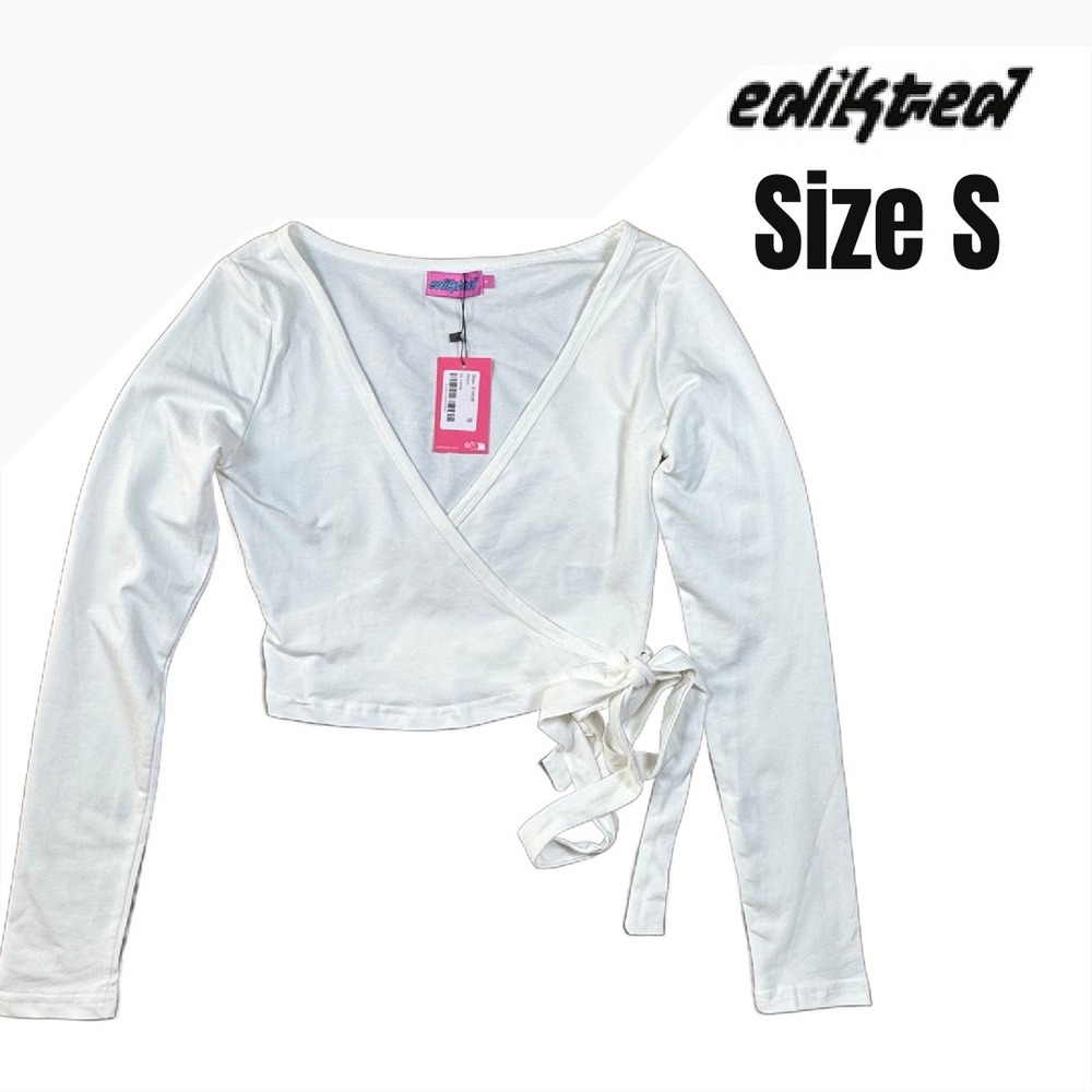 Edikted Alia White Wrap Tie Crop Top NWT Size S Long Sleeve Balletcore Coquette